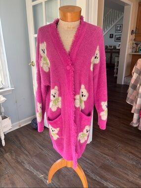 Forever 21 Hot Pink Fuzzy Teddy Bear Cardigan